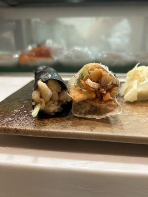 Spicy scallop and baked salmon hand rolls