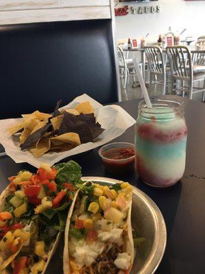 Delicious lunch - Great American margarita ($2 off on Thursdays), Baja chicken tiny taco, and tiny shredded pork taco.