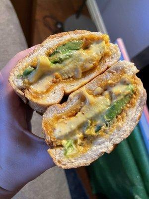 American breakfast sandwich without bacon and with avocado added.