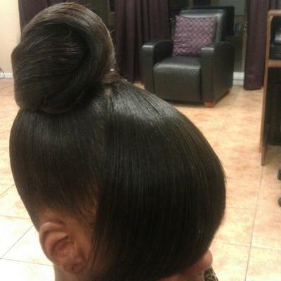 Sleek updo ponytail/ silky bangs