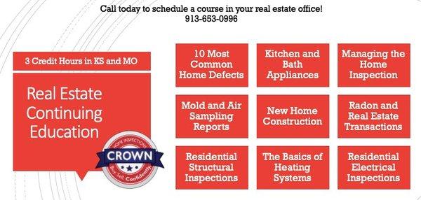 Crown Home Inspections teaches real estate continuing education. Schedule today at 913-653-0996.