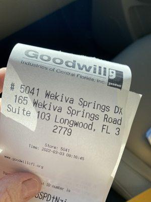 The receipt they will give you. You can enter the # on receipt at goodwillcfl.org to keep a record for taxes.