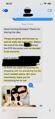 Client's text thanking the Matchmaker for introducing him to a wonderful partner - with photos of their dinner at home and what he made.