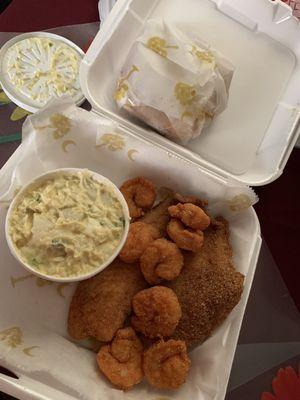 Fried fish and shrimp with potato salad