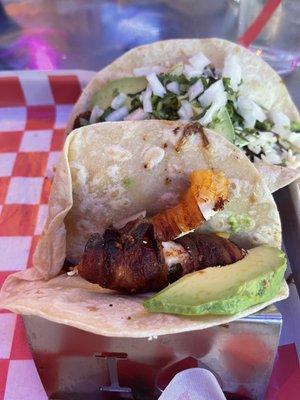 Shrimp Diablo taco and Beef Barbacoa taco