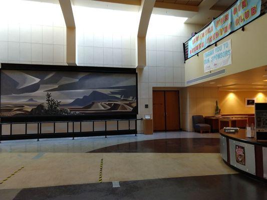 Lobby with beautiful mural.