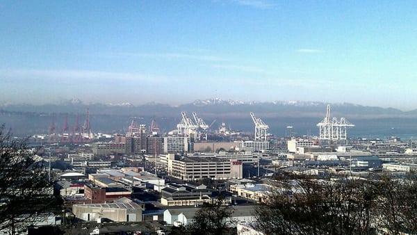 SODO, Elliot Bay, and Olympic Mountains