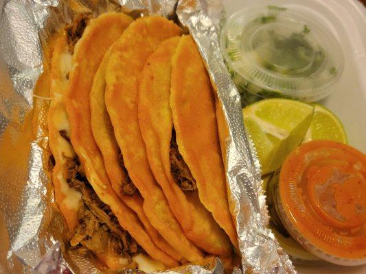 #3 2 birria tacos & 1 quesabirria taco with condiments.