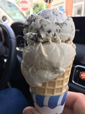 2 scoop waffle cone -- toasted coconut & peanut butter pretzel.