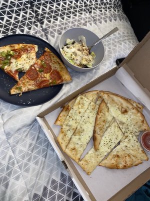 Large Garlic Bread Large Grilled Chicken Salad and pizza  More than enough for two people to share.