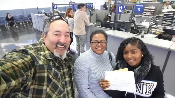 Client Marcia passed her road test at the Hollywood DMV on 12/13! Here with concierge Steve and some support from mom :)