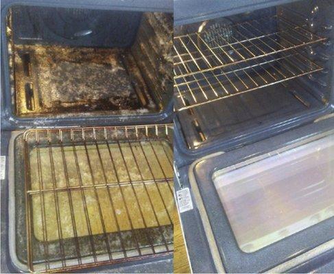 Before & After of our oven cleaning service, which can be added to any home cleaning.