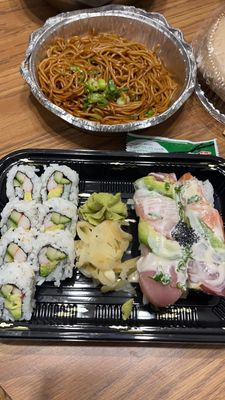 California roll, rainbow roll, hibachi noodles