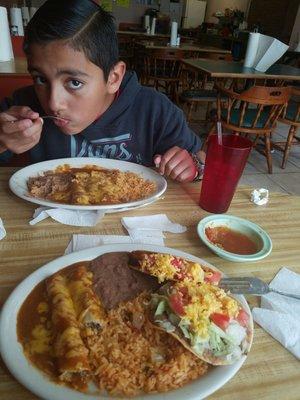 My son's enjoing the enchilada plate and I'm having the Mexican plate it's so good!!!