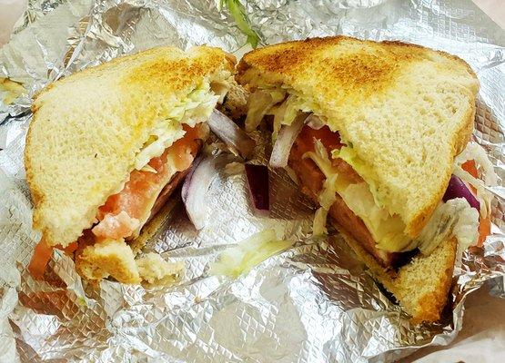 Triple thick fried bologna, one of the best things on the menu.