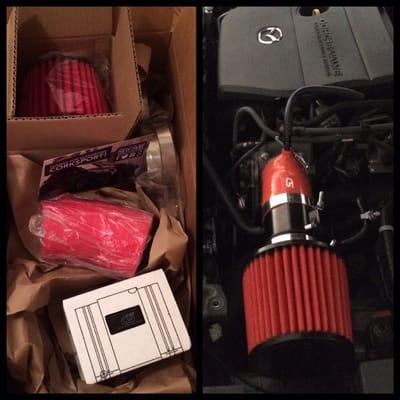 Corksport intake that we got for the Mazda 3... In the box on the left and installed in the car on the right. Zoom Zoom!