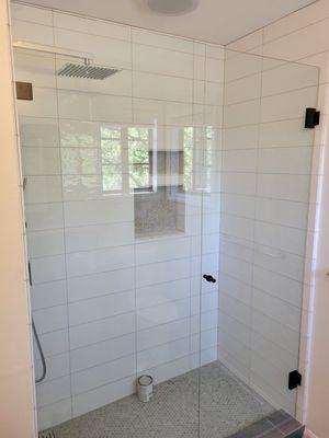 Frameless Shower Door and Panel with Pull Knob, 3/8 Clear Glass, Matte Black Hardware