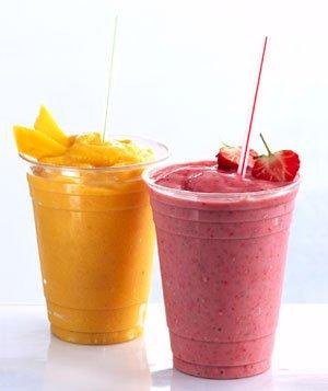 Real fruit Smoothies-. Strawberry, Peach, Wild Berry.  Add bananas.