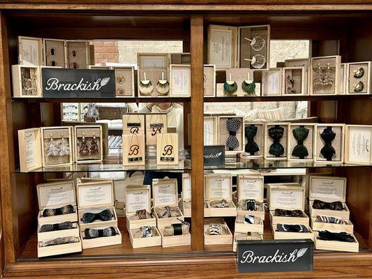 Feather jewelry and bowties from Brackish, handmade in Charleston, SC