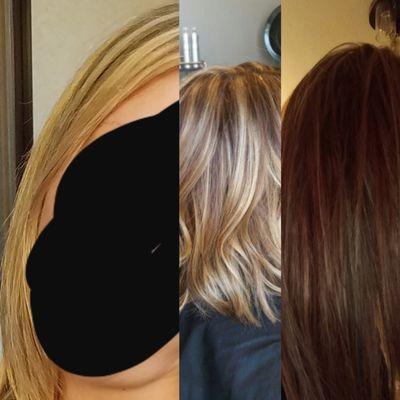 The picture on the left is what my hair looked like before Aimee, the middle is what I showed her I wanted, and the right is what she did.