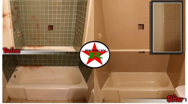 Before and After of a tub and tile refinish in Flintstone. The tile is done in Graphite and the tub is in Biscuit.