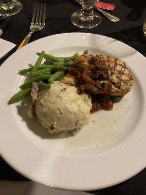 Chicken option with mashed potatoes and green beans