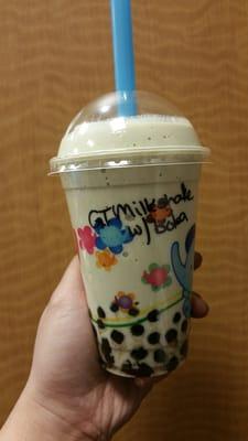 Green tea milk shake w/ boba, the boba is soft~ mm