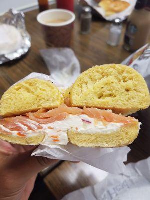 French toast bagel with lox and cream cheese