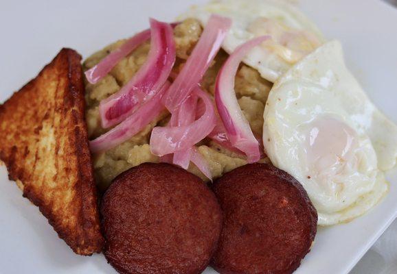 4 golpe / Dominican style breakfast (mashed plantain, pickled onions, fried cheese, salami, and eggs)