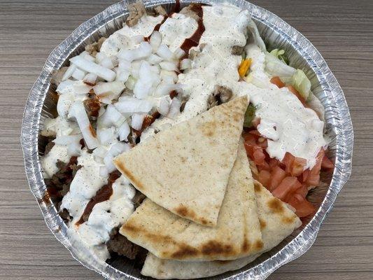 Combo (Chicken and Gyro) Platter w/ white sauce, hot sauce, & onions