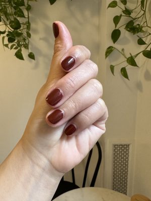 Dazzle dry mani - $10 extra - lasts longer than regular polish (~2 weeks) but does not ruin nails like gel