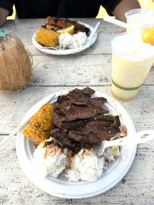 Steak plate and frozen lemonade with pineapple.