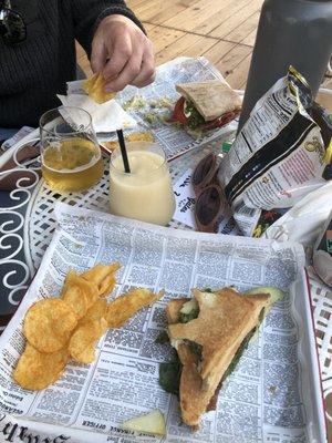 Italian Job & French Connection sandwiches. Zapps potato chips. Sour Weis beer (can't remember the name) and pins colada frozen cocktail.