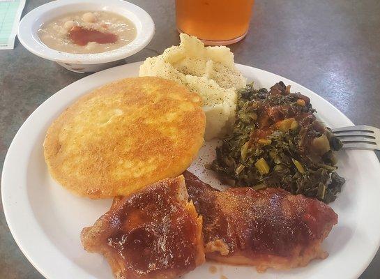 BBQ chops, white beans, turnip greens and hoecake.