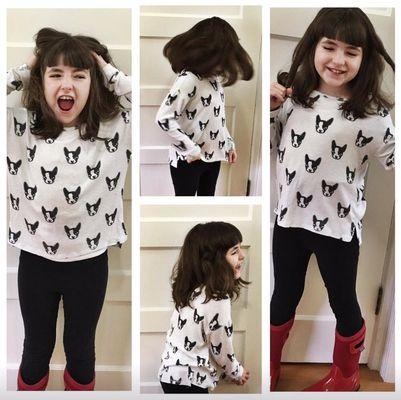 Cute kid. Puppies. Red rain boots. All super adorable. Lob (long bob) fits her perfectly. Done by Amy