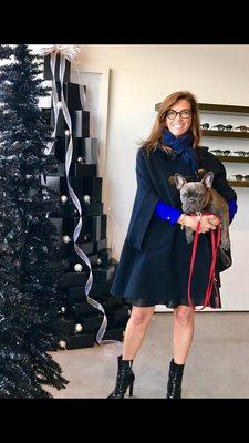 Christmas shopping with puppy approval in her new Anne Et Valentin prescription eyeglasses.