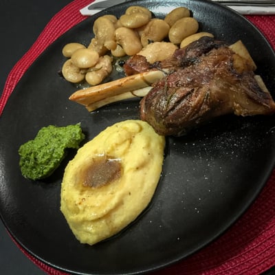 mutton shank with polenta, green sauce and gigante beans, they are selling their fresh meats at union sq on fridays