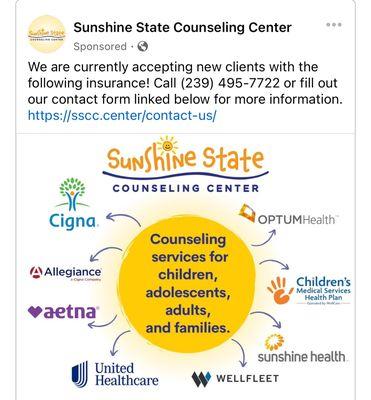 We accept most commercial insurances and Sunshine Health Medicaid