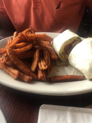 Buffalo Chicken Wrap with Sweet Potato Fries