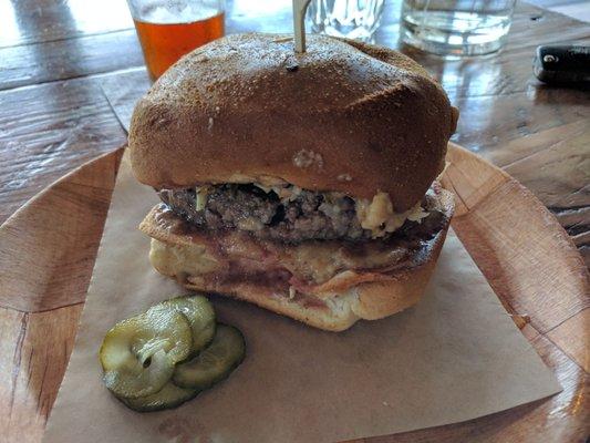 Sacred Cheeseburger - onion-cheddar sauce, smoked/pickled Brussels