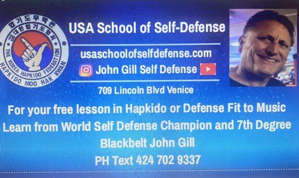 Show this card for your FREE lesson or take photo and text it to 424 702 9337 www.usaschoolofselfdefense.com