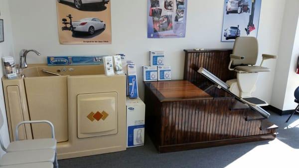 Our showroom displays a walk-in bathtub and working stairlift.