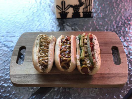 New York Style Dog, Chili Cheese Dog, and Chicago Dog!