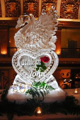 Swan on a Heart with Names and Rose Frozen ice sculpture