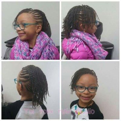 Children's style shown is a cornrow updo with two strand twist