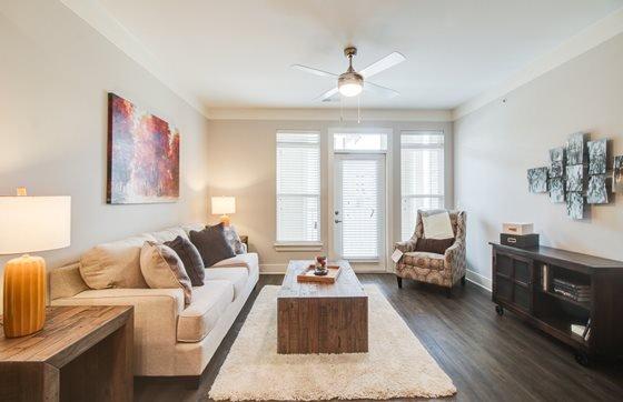 Living Room with Lighted Ceiling Fan