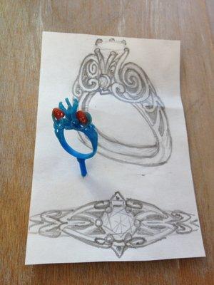 Kirk's sketches and original ring wax of the design.