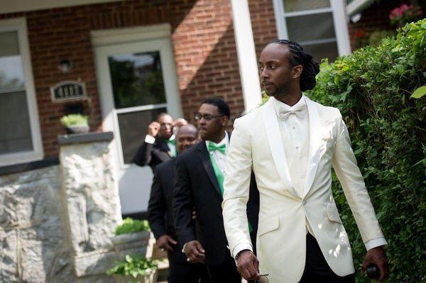 Bespoke pearl white tuxedo with shawl lapel and matching 6 button vest + bow tie c/o Tom James, Pikesville