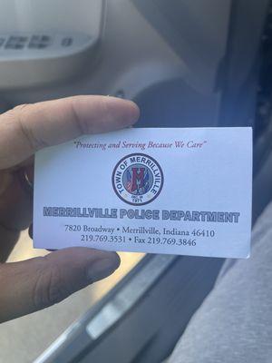 Police card from police officer that had to be called