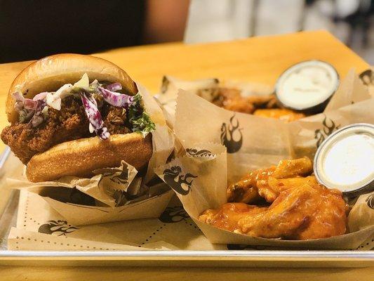 Nashville chicken sandwich with habanero wings